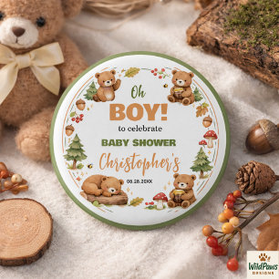 Badge Rond 2,50 Cm Garçon Aquarelle Ours de la forêt Baby Shower