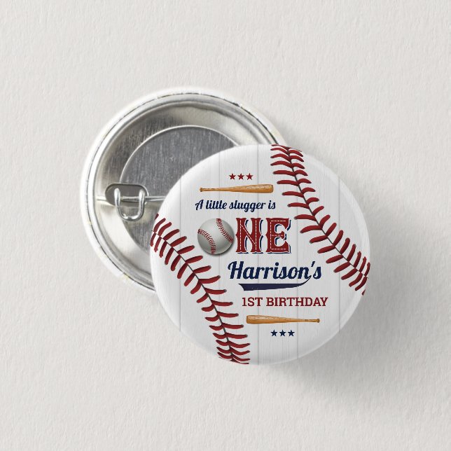 Badge Rond 2,50 Cm Garçons Baseball 1er anniversaire (Devant & derrière)