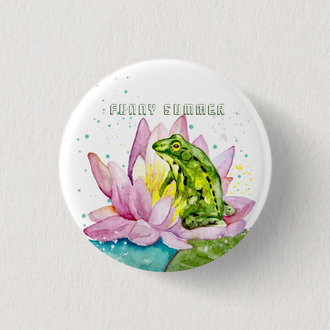 Badge Rond 2,50 Cm Grenouille drôle sur un lotus (Devant)