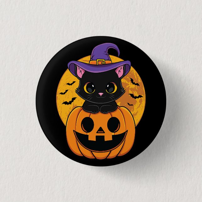 Badge Rond 2,50 Cm Halloween Chat Noir Sorcière Casquette Citrouille  (Devant)