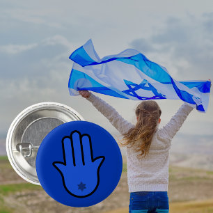 Badge Rond 2,50 Cm Hamsa bleu simple avec étoile de David