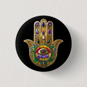 Badge Rond 2,50 Cm Hamsa en or peint Améthyste Rubis Troisième Œil
