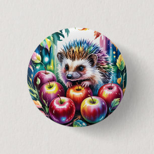 Badge Rond 2,50 Cm Hérisson aquarelle vibrant avec des pommes d'autom
