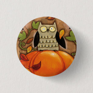Badge Rond 2,50 Cm Hibou et citrouille heureux d'automne