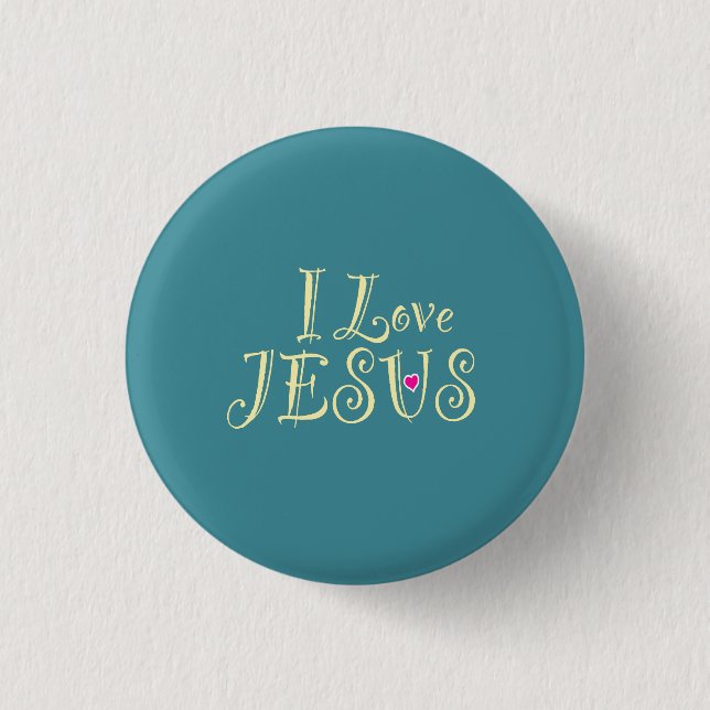 Badge Rond 2,50 Cm "I Love Jesus" Or sur Turquoise (Devant)