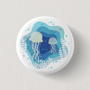 Badge Rond 2,50 Cm Illustration de méduses dans l'art du papier océan