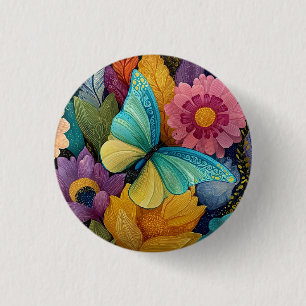 Badge Rond 2,50 Cm Illustration florale et papillon détaillée