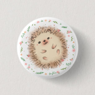 Badge Rond 2,50 Cm Illustration Hérisson & Fleurs