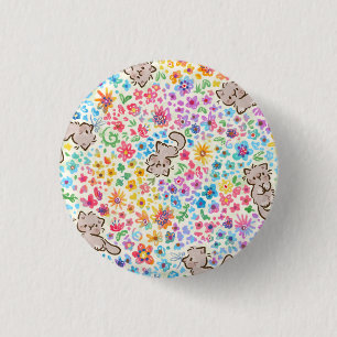 Badge Rond 2,50 Cm Jardin fantaisiste de Pebble Chat Gris et Floral L