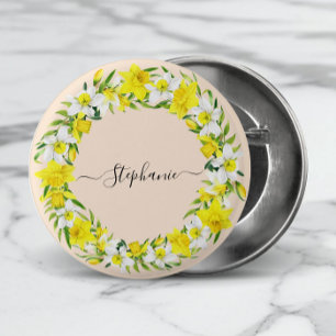 Badge Rond 2,50 Cm Jaune Daffodique Blanc Garland Nom Monogramme