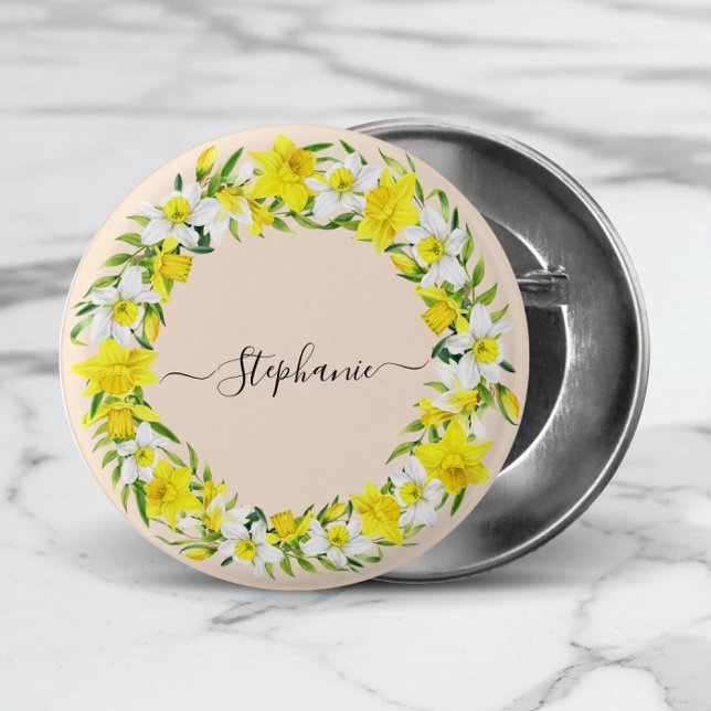 Badge Rond 2,50 Cm Jaune Daffodique Blanc Garland Nom Monogramme (Add name, or other short text to personalize.)