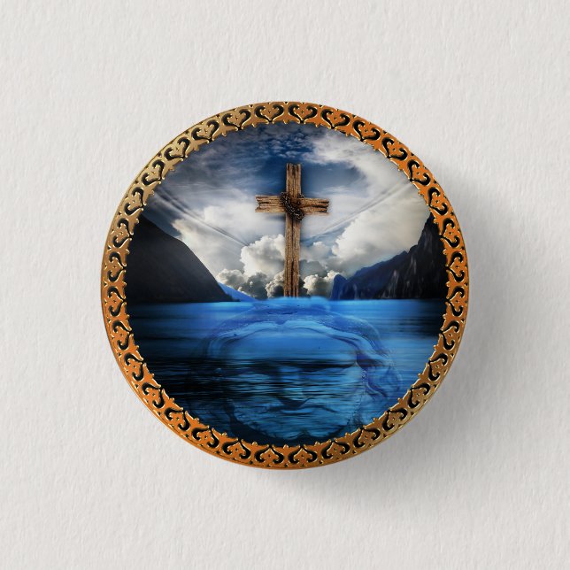 Badge Rond 2,50 Cm Jésus dans l'océan avec une croix boisée (Devant)