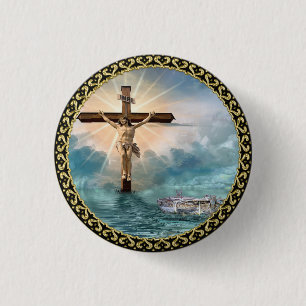 Badge Rond 2,50 Cm Jésus pendant d'une croix chrétienne de