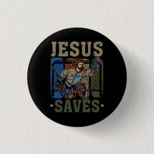 Badge Rond 2,50 Cm Jésus Sauve Hockey sur glace Goalie Sport Religieu