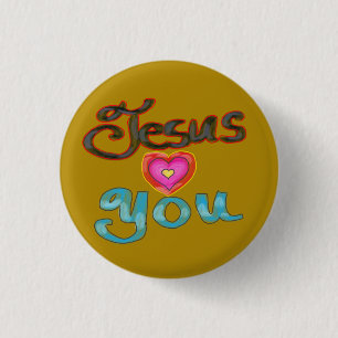 Badge Rond 2,50 Cm « Jésus t'aime » avec un cœur rose sur de l'or