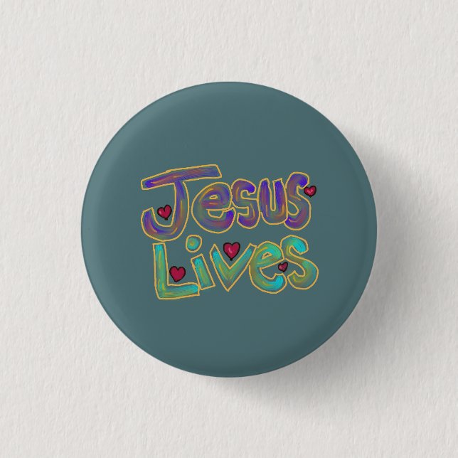 Badge Rond 2,50 Cm Jésus Vit Avec Les Coeurs Rouges Bleus (Devant)