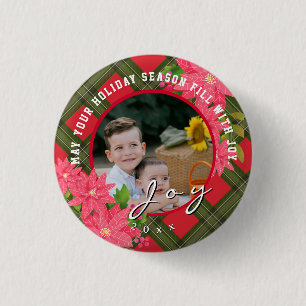 Badge Rond 2,50 Cm Joie Noël Poinsettia Photo Plaid