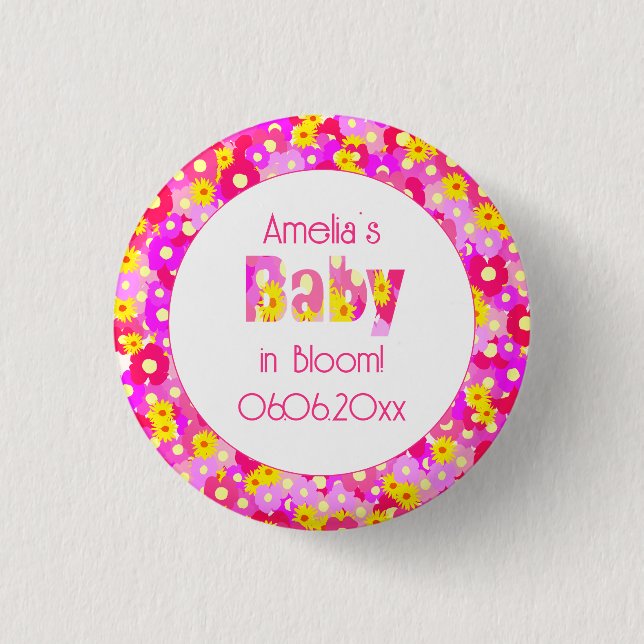 Badge Rond 2,50 Cm Joli Baby shower Fleur Rose Personnalisé (Devant)