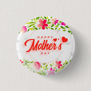 Badge Rond 2,50 Cm Joyeuse Fête des Mères Aquarelle Fleurs Roses & Cœ