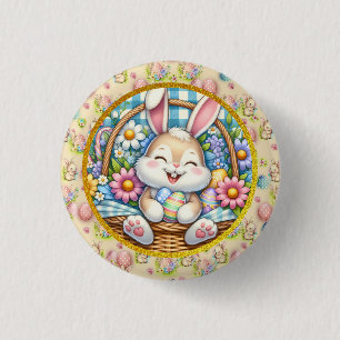 Badge Rond 2,50 Cm Joyeuses Pâques avec un lapin mignon, des œufs et