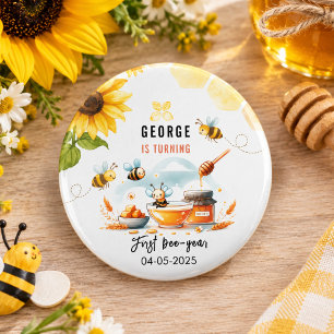 Badge Rond 2,50 Cm Joyeux 1er anniversaire de la ruche abeille jaune
