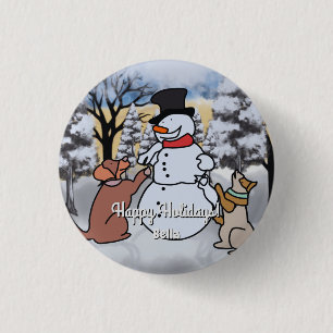 Badge Rond 2,50 Cm L'amitié du bonhomme de neige, chien et chat drô