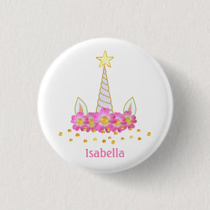 Badge Rond 2,50 Cm Licorne, fleurs et confettis dorés sur fond blanc