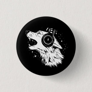 Badge Rond 2,50 Cm loup hurlant portant des casques