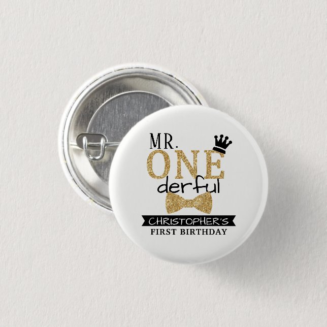 Badge Rond 2,50 Cm M. ONEderful 1st Birthday Party Favor (Devant & derrière)