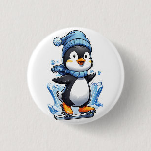 Badge Rond 2,50 Cm Manchot d'hiver patinage sur glace