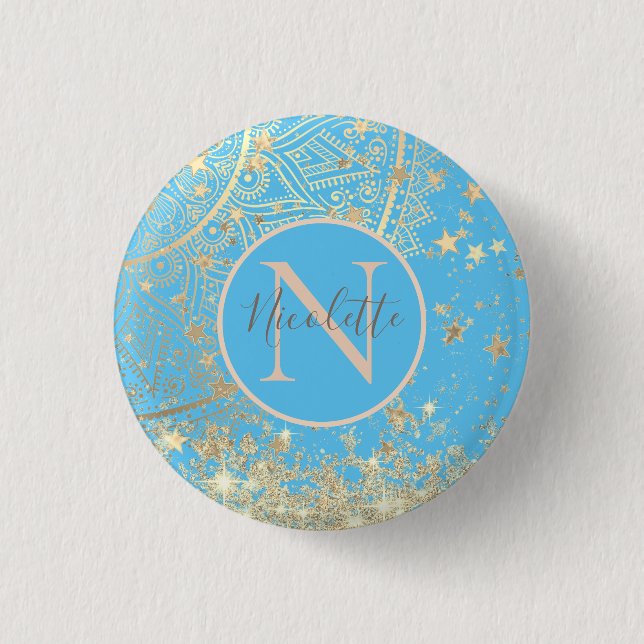 Badge Rond 2,50 Cm Mandala enchanteur avec Monogramme Gold Stars (Devant)