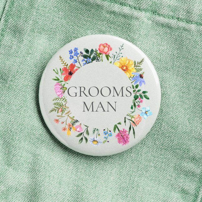 Badge Rond 2,50 Cm Mariage du garçon d'honneur aux fleurs sauvages  (Groomsman Wildflower Watercolor Floral Wreath Wedding Button
)