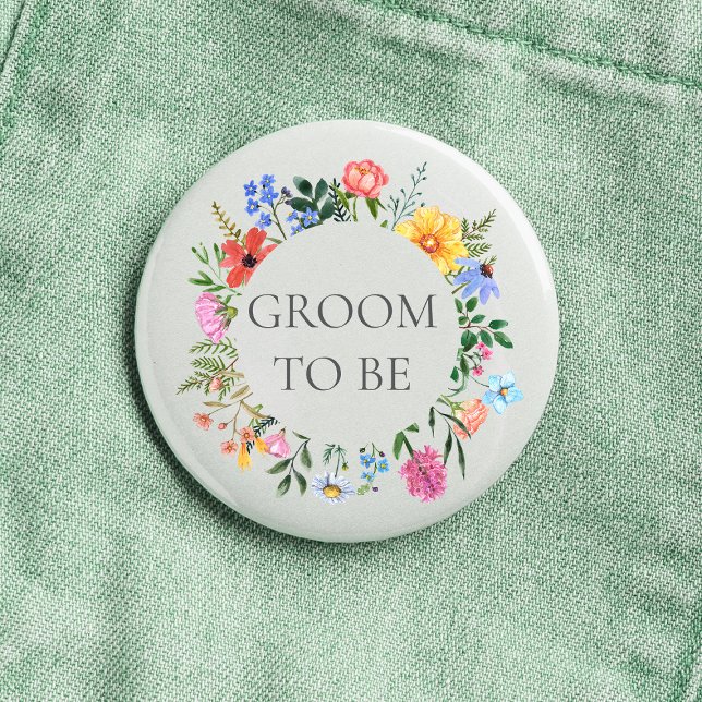 Badge Rond 2,50 Cm Mariage du marié à la fleur sauvage  (Groom to be Wildflower Watercolor Floral Wreath Wedding Button)