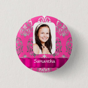 Badge Rond 2,50 Cm Modèle photo personnalisé damassé rose