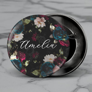 Badge Rond 2,50 Cm Monogramme floral rouge turquoise foncé