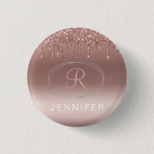 Badge Rond 2,50 Cm Monogramme Pailleté Or Rose et Argent 
