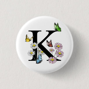 Badge Rond 2,50 Cm Monogramme papillon aquarelle florale lettre K