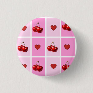 Badge Rond 2,50 Cm Motif Damier Cœur Cerise Personnalisé