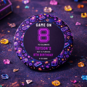 Badge Rond 2,50 Cm Néon Rétro Jeux d'Arcade pour 8ème Anniversaire