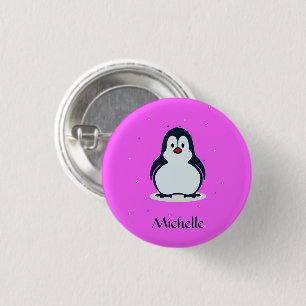 Badge Rond 2,50 Cm Nom personnalisé pingouin mignon sur rose