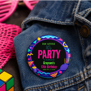 Badge Rond 2,50 Cm notre petite fête d'anniversaire Rétro Néon 80