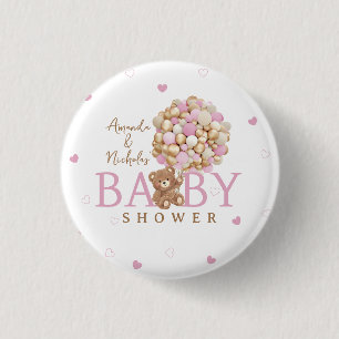 Badge Rond 2,50 Cm Nounours en forme d'ours en or rose avec ballons p