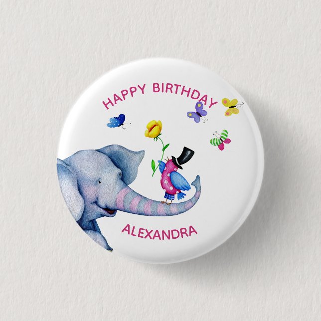 Badge Rond 2,50 Cm Oiseau Eléphant Et Papillons (Devant)