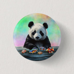 Badge Rond 2,50 Cm Panda regarde des poissons colorés nageant