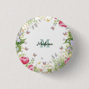 Badge Rond 2,50 Cm Papillon bleu de fleur de fleur sauvage coloré de