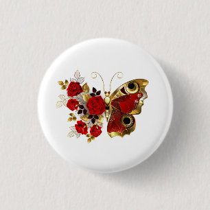 Badge Rond 2,50 Cm Papillon de fleurs rouges aux roses rouges