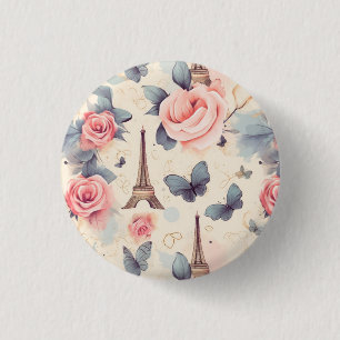 Badge Rond 2,50 Cm Papillon Tour Eiffel et Motif Rose