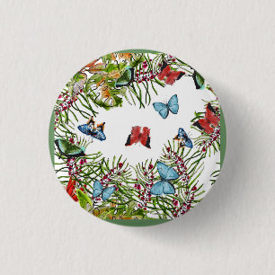Badge Rond 2,50 Cm Papillons Plante tropicaux Berries Bleu rouge