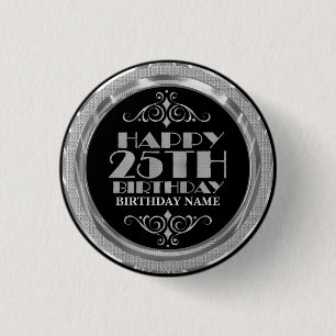 Badge Rond 2,50 Cm Parties scintillant d'argent glamour Joyeux 25e an
