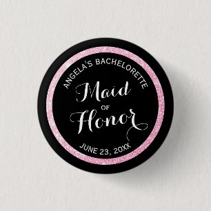 Badge Rond 2,50 Cm Parties scintillant noire et rose femme de chambre